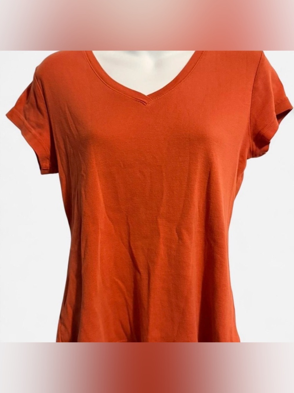Faded Glory V-Neck Short Sleeve Tee, Coral Amber, 100% Cotton, Size Small